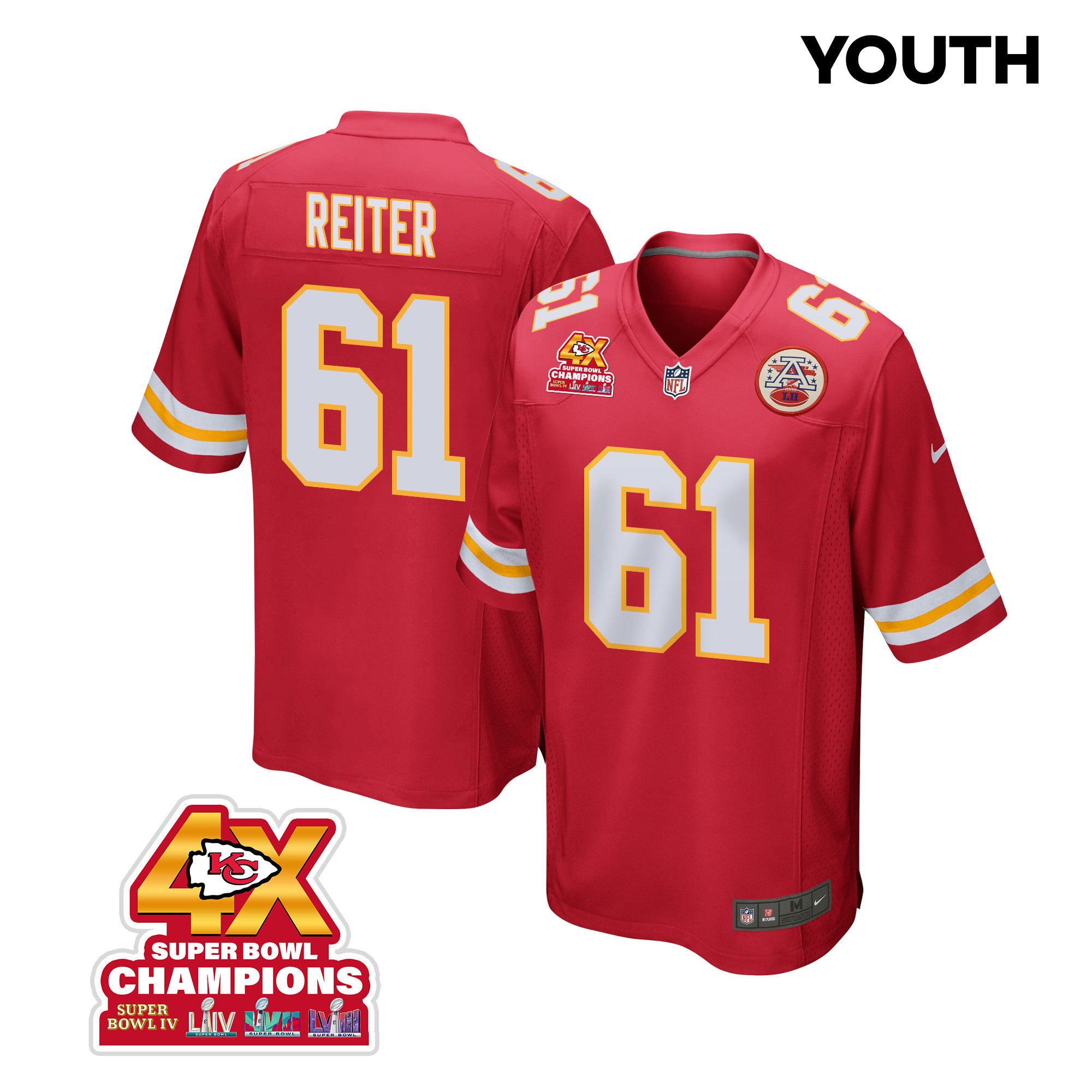 Austin Reiter 61 Kansas City Chiefs Super Bowl LVIII Champions 4X Game YOUTH Jersey - Red JS7245 nicesnker