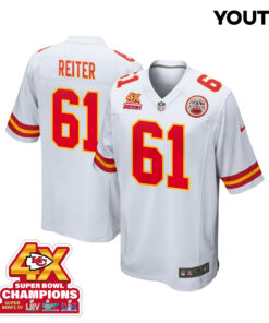Austin Reiter 61 Kansas City Chiefs Super Bowl LVIII Champions 4X Game YOUTH Jersey - White JS9157 nicesnker