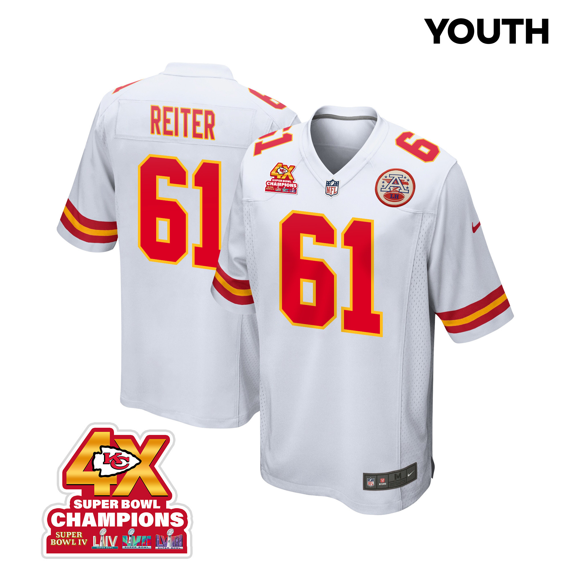 Austin Reiter 61 Kansas City Chiefs Super Bowl LVIII Champions 4X Game YOUTH Jersey - White JS9157 nicesnker