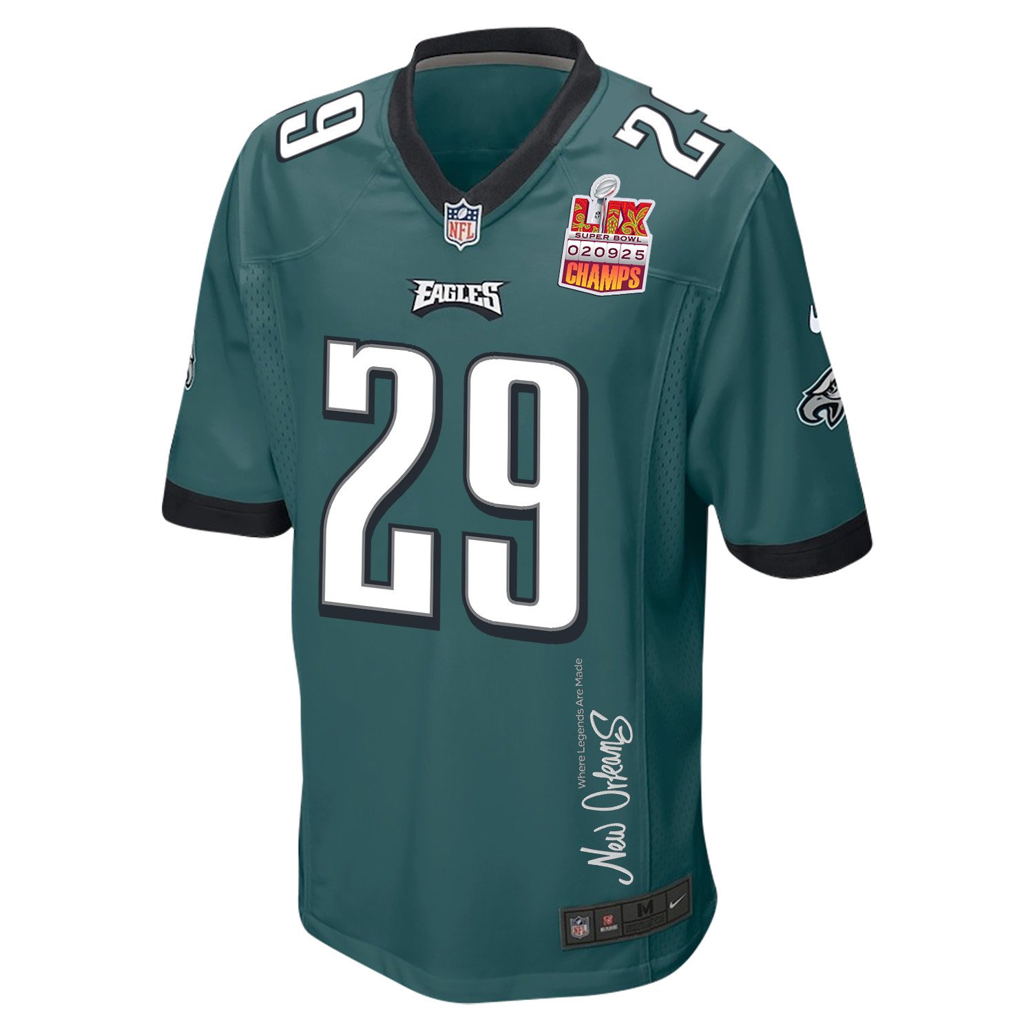 Avonte Maddox 29 Philadelphia Eagles Super Bowl LIX Champions Patch 'New Orleans - Where Legends Are Made' EMBROIDERED Game Men Jersey - Midnight Green JS4206 nicesnker - Image 3