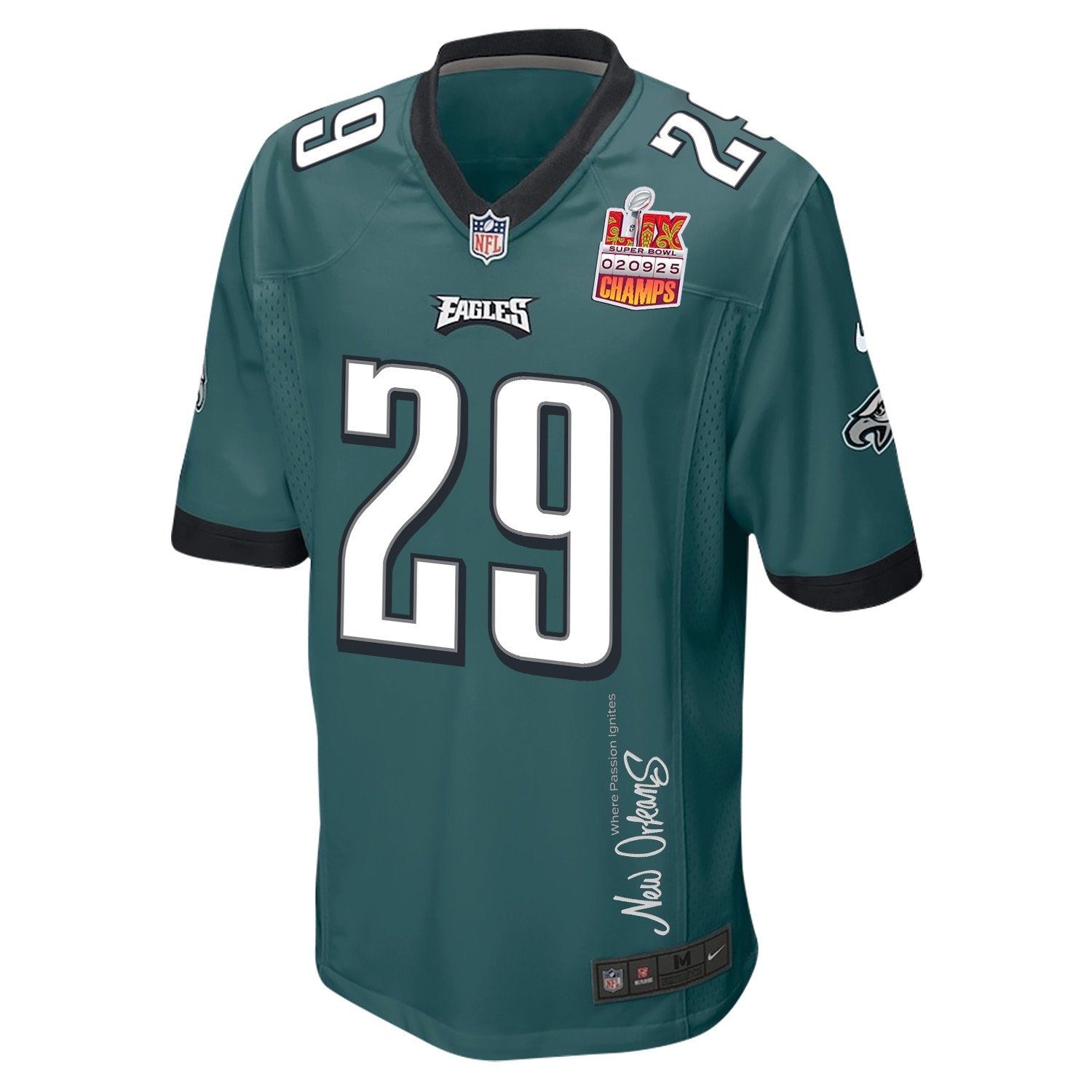 Avonte Maddox 29 Philadelphia Eagles Super Bowl LIX Champions Patch 'New Orleans - Where Passion Ignites' EMBROIDERED Game Men Jersey - Midnight Green JS5667 nicesnker - Image 3
