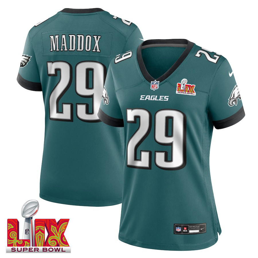 Avonte Maddox #29 Philadelphia Eagles Super Bowl LIX Women's Jersey - Midnight Green JS2154 nicesnker