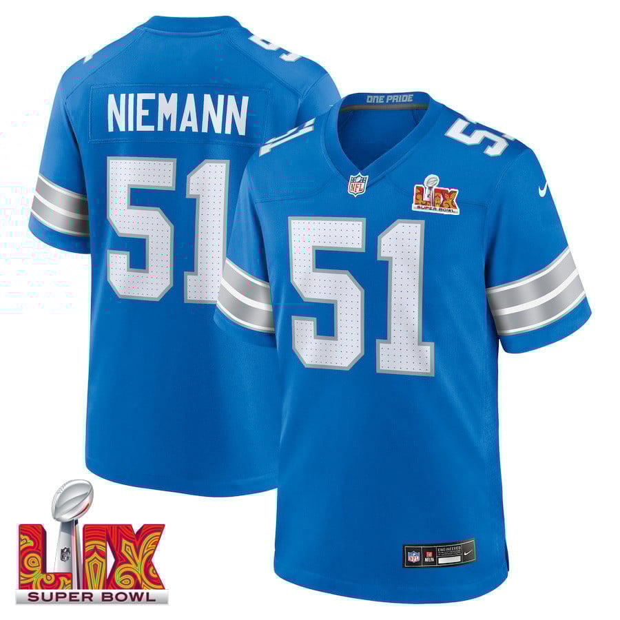 Ben Niemann #51 Detroit Lions Super Bowl LIX Jersey - Men's - Blue JS5808 nicesnker