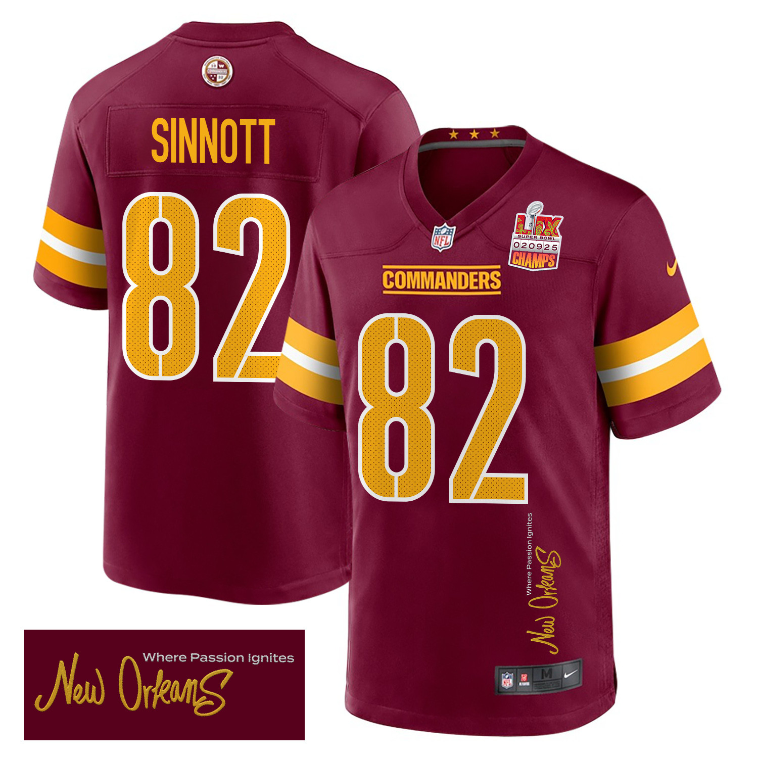 Ben Sinnott 82 Washington Commanders Super Bowl LIX Champions Patch 'New Orleans - Where Passion Ignites' EMBROIDERED Game Men Jersey - Burgundy JS7304 nicesnker