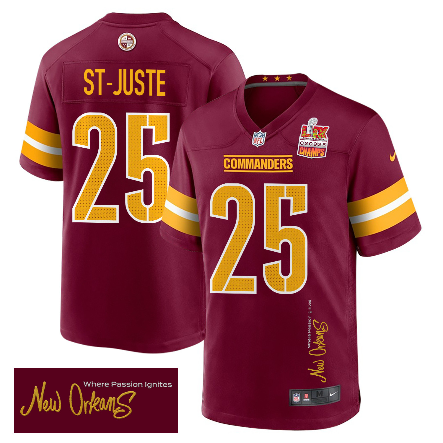 Benjamin St-Juste 25 Washington Commanders Super Bowl LIX Champions Patch 'New Orleans - Where Passion Ignites' EMBROIDERED Game Men Jersey - Burgundy JS9589 nicesnker