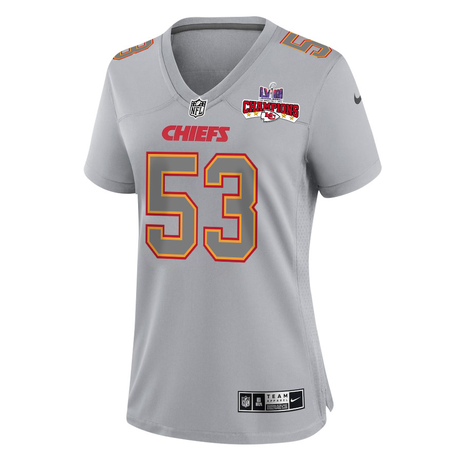 BJ Thompson 53 Kansas City Chiefs Super Bowl LVIII Champions 4 Stars Patch Atmosphere Fashion Game Women Jersey - Gray JS7761 nicesnker - Image 2
