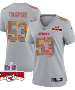 BJ Thompson 53 Kansas City Chiefs Super Bowl LVIII Champions 4 Stars Patch Atmosphere Fashion Game Women Jersey - Gray JS7761 nicesnker