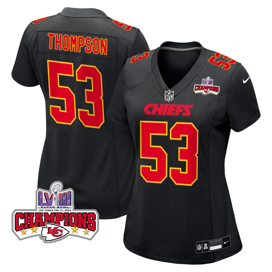 BJ Thompson 53 Kansas City Chiefs Super Bowl LVIII Champions 4 Stars Patch Fashion Game Women Jersey - Carbon Black JS7091 nicesnker