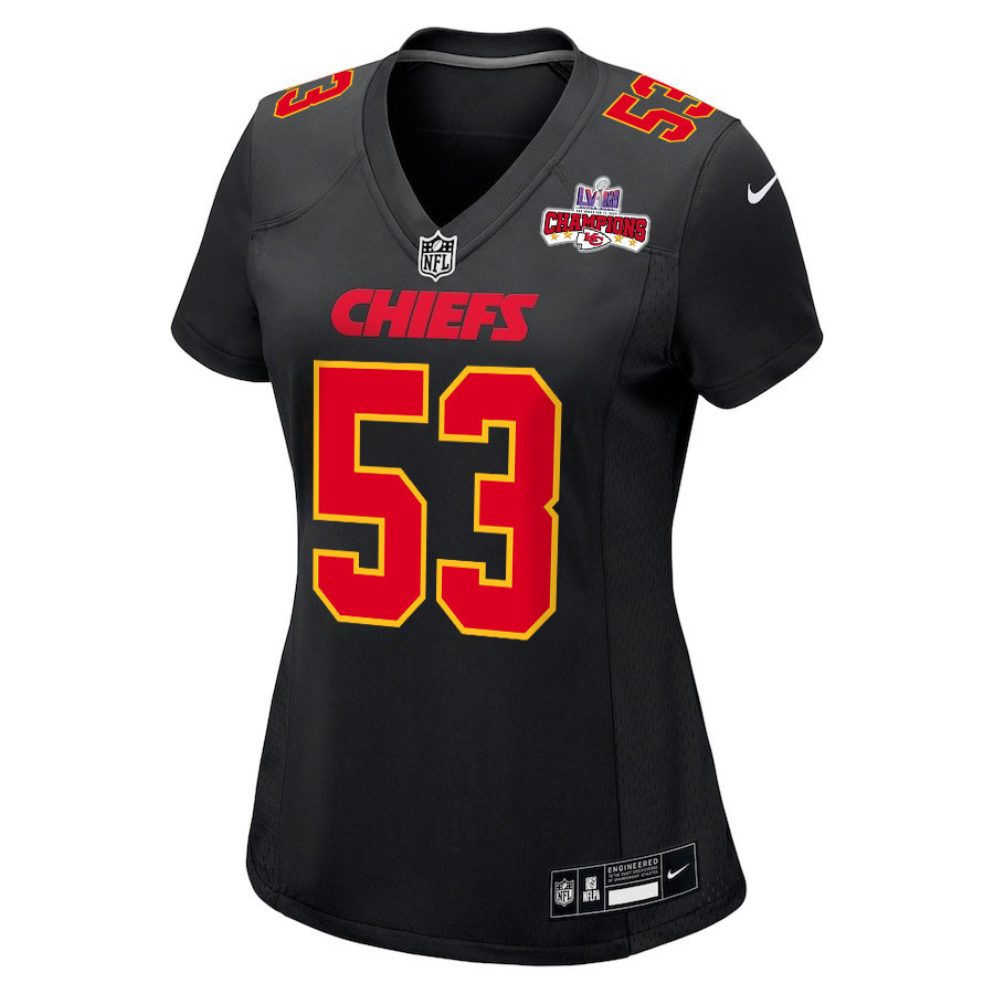 BJ Thompson 53 Kansas City Chiefs Super Bowl LVIII Champions 4 Stars Patch Fashion Game Women Jersey - Carbon Black JS7091 nicesnker - Image 2