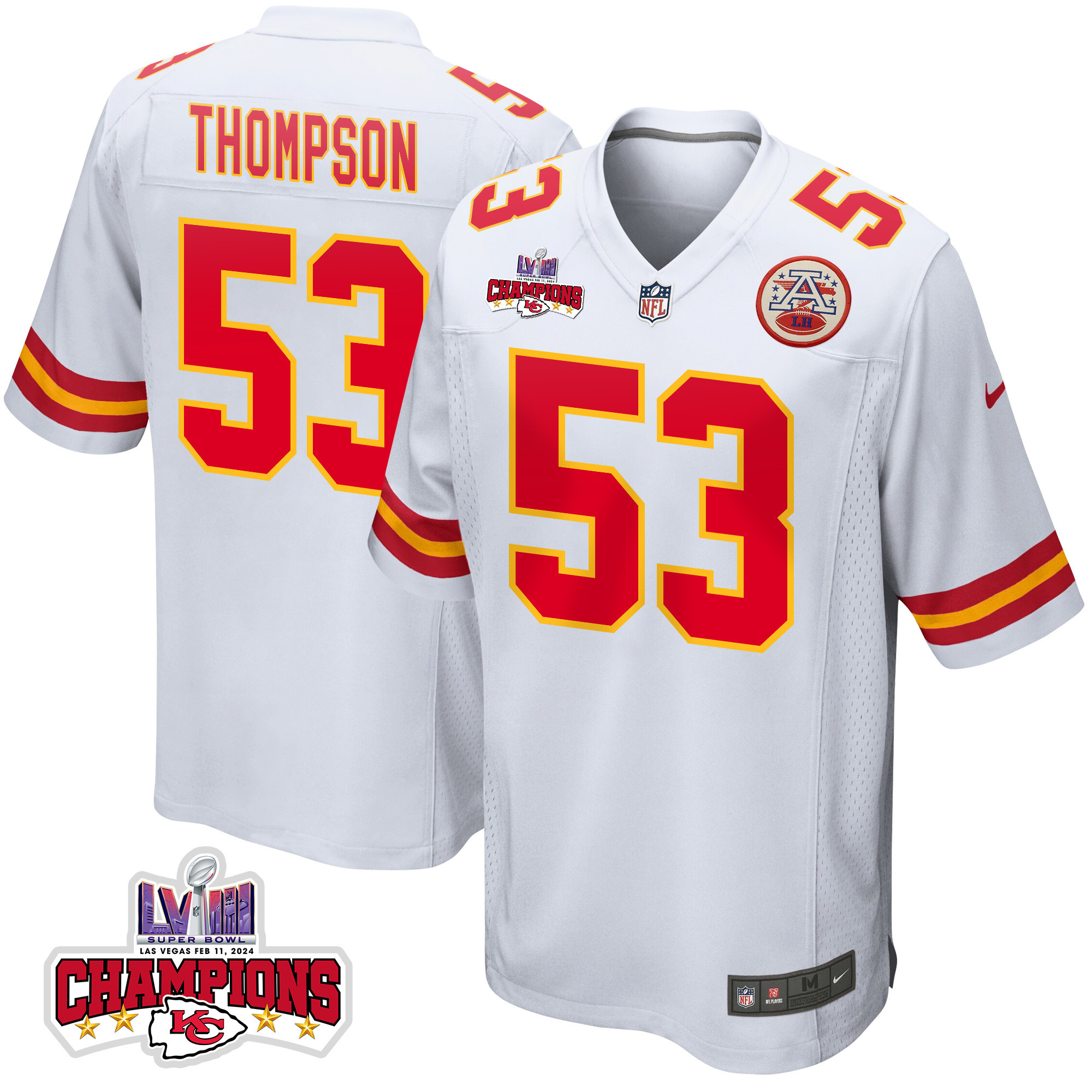 BJ Thompson 53 Kansas City Chiefs Super Bowl LVIII Champions 4 Stars Patch Game Men Jersey - White JS4783 nicesnker