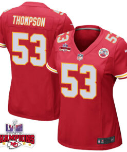BJ Thompson 53 Kansas City Chiefs Super Bowl LVIII Champions 4 Stars Patch Game Women Jersey - Red JS1588 nicesnker