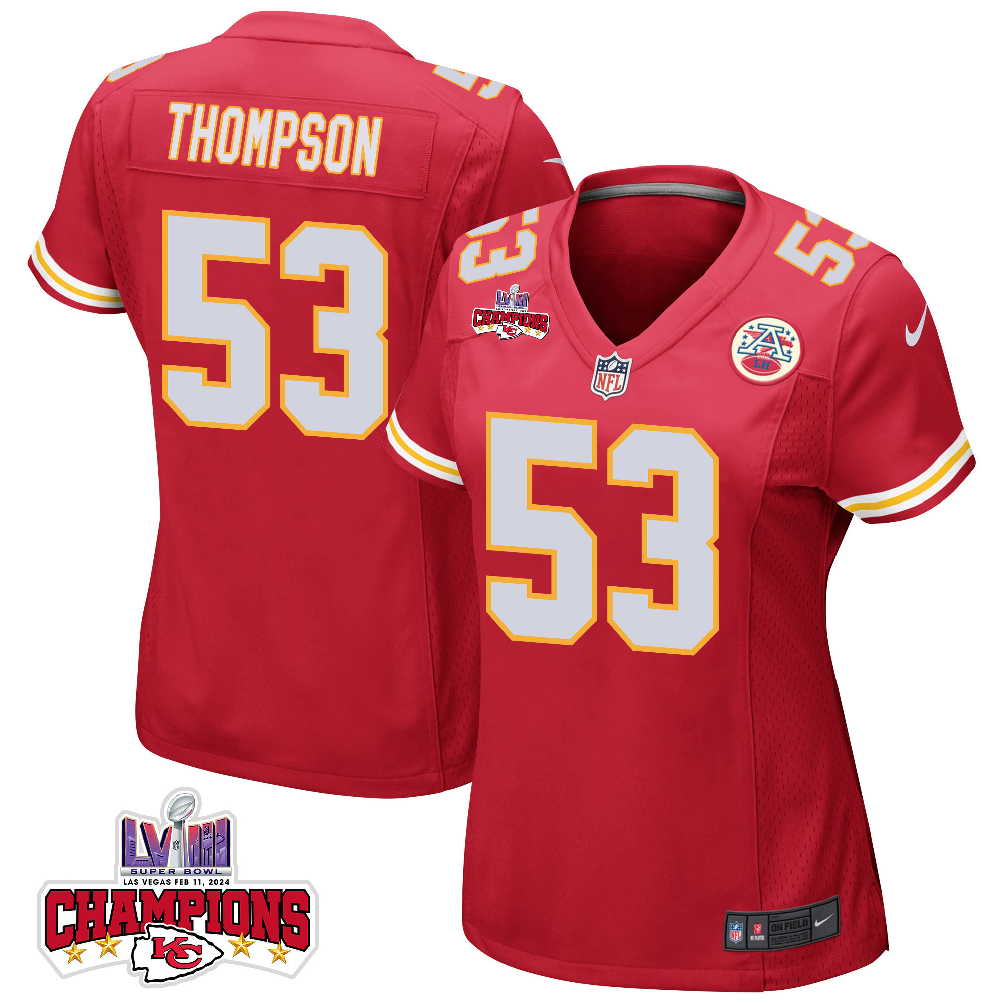BJ Thompson 53 Kansas City Chiefs Super Bowl LVIII Champions 4 Stars Patch Game Women Jersey - Red JS1588 nicesnker