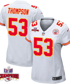 BJ Thompson 53 Kansas City Chiefs Super Bowl LVIII Champions 4 Stars Patch Game Women Jersey - White JS6256 nicesnker