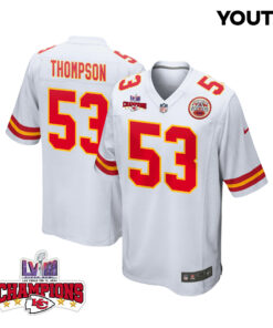 BJ Thompson 53 Kansas City Chiefs Super Bowl LVIII Champions 4 Stars Patch Game YOUTH Jersey - White JS3807 nicesnker