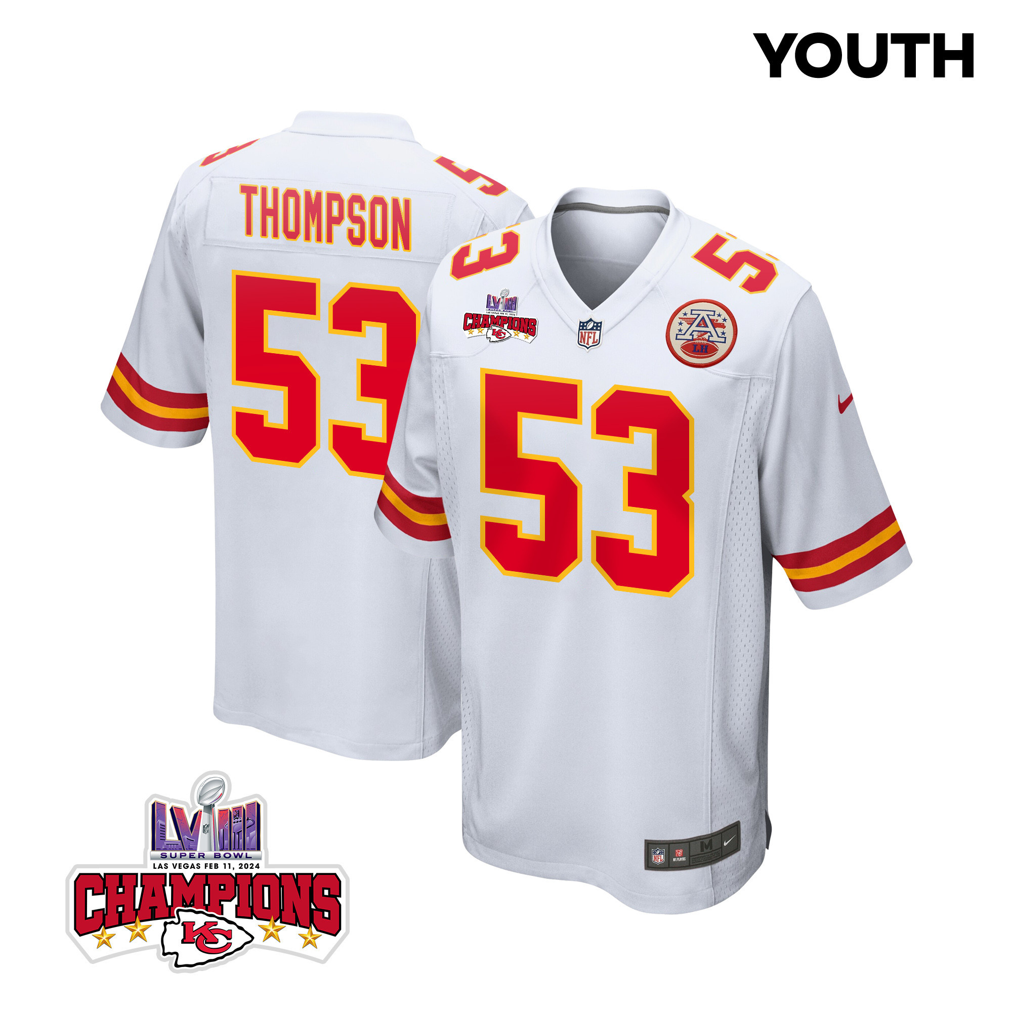 BJ Thompson 53 Kansas City Chiefs Super Bowl LVIII Champions 4 Stars Patch Game YOUTH Jersey - White JS3807 nicesnker