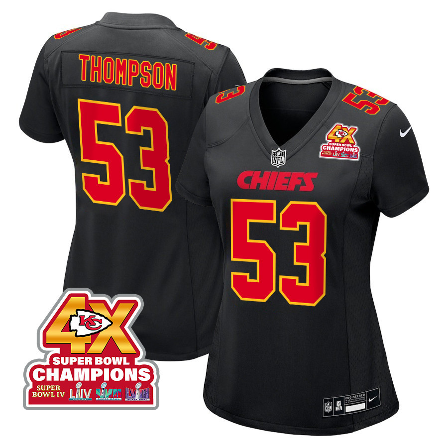 BJ Thompson 53 Kansas City Chiefs Super Bowl LVIII Champions 4X Fashion Game Women Jersey - Carbon Black JS5813 nicesnker