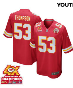 BJ Thompson 53 Kansas City Chiefs Super Bowl LVIII Champions 4X Game YOUTH Jersey - Red JS8739 nicesnker