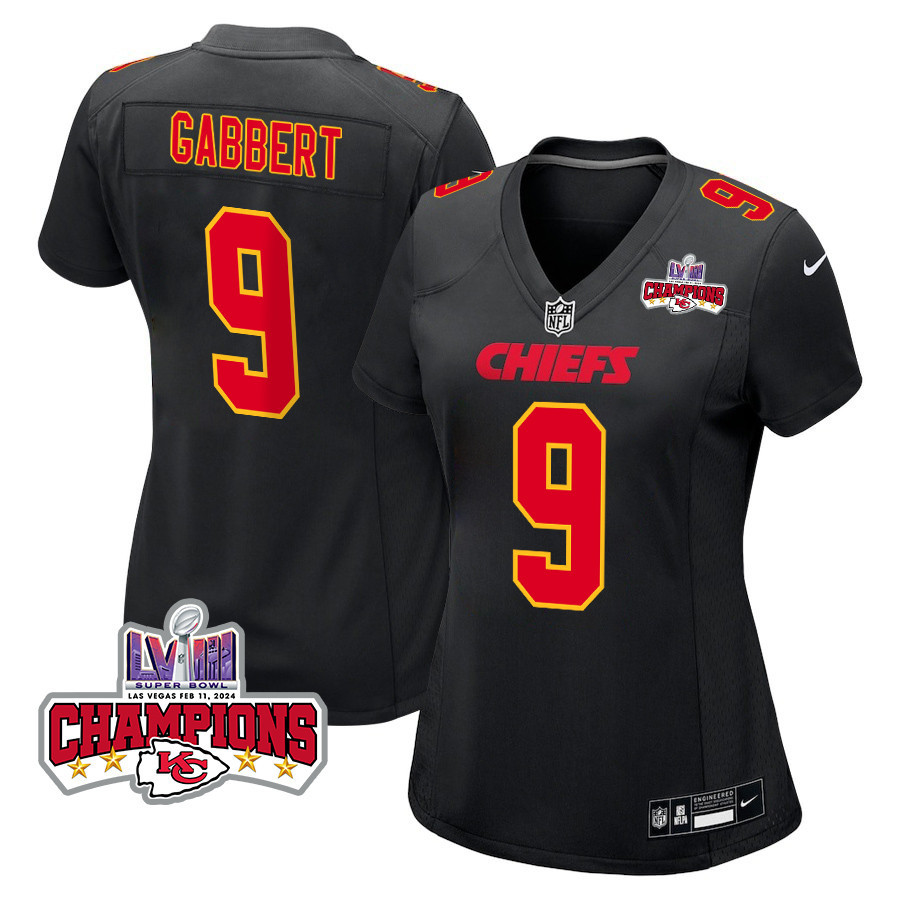 Blaine Gabbert 9 Kansas City Chiefs Super Bowl LVIII Champions 4 Stars Patch Fashion Game Women Jersey - Carbon Black JS6489 nicesnker