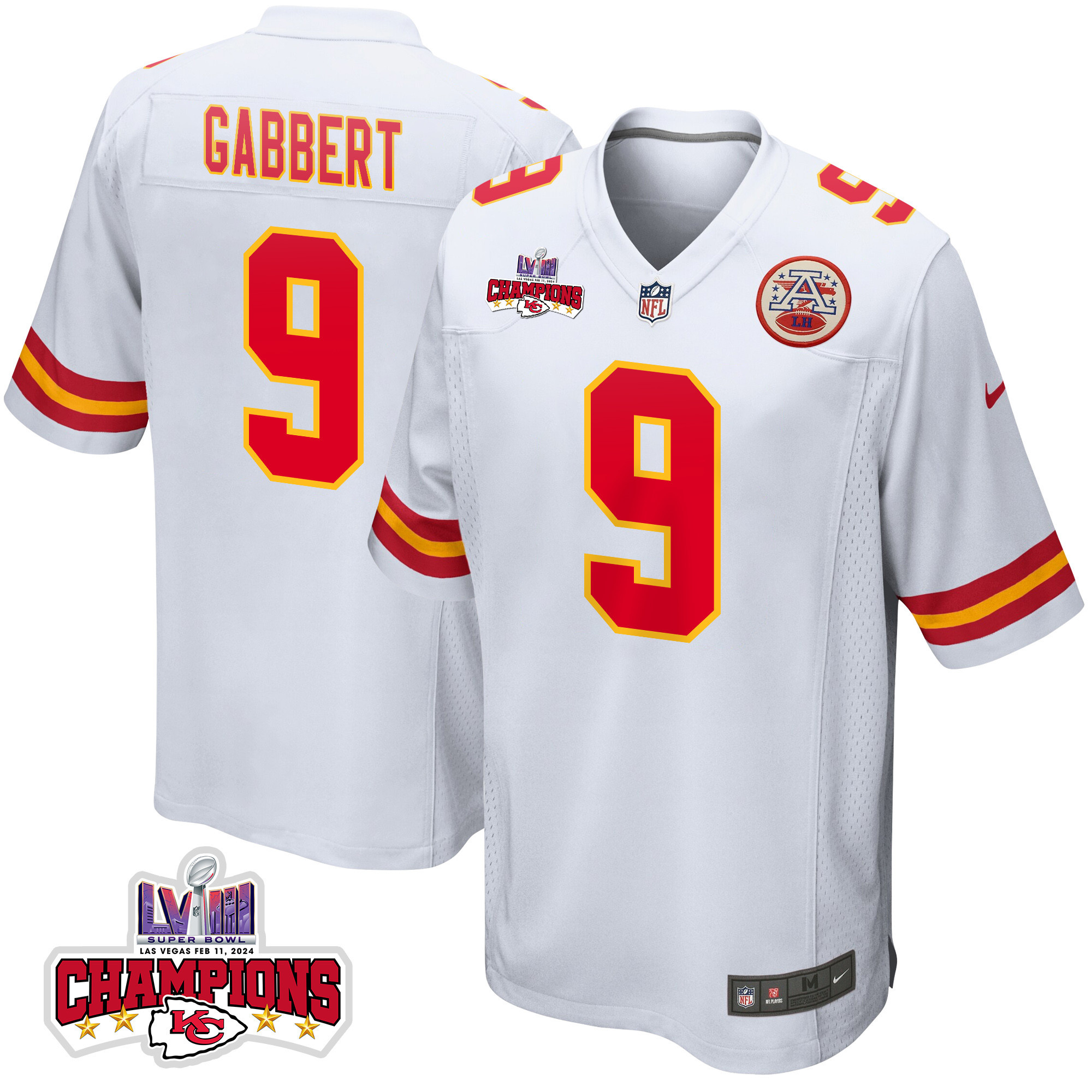 Blaine Gabbert 9 Kansas City Chiefs Super Bowl LVIII Champions 4 Stars Patch Game Men Jersey - White JS8792 nicesnker