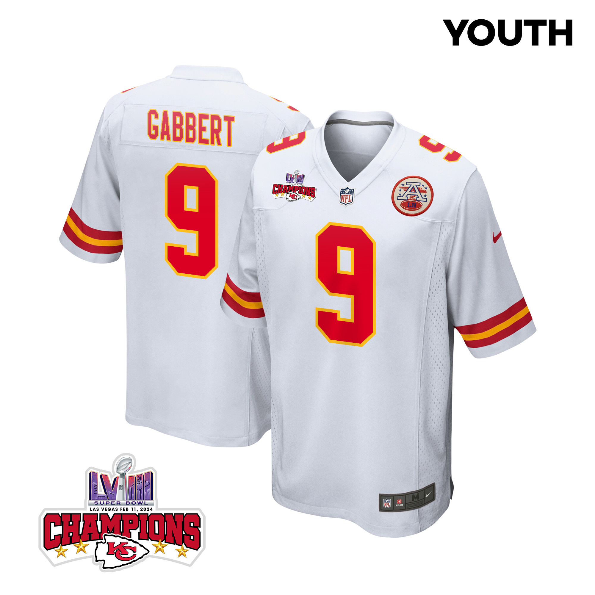 Blaine Gabbert 9 Kansas City Chiefs Super Bowl LVIII Champions 4 Stars Patch Game YOUTH Jersey - White JS6152 nicesnker