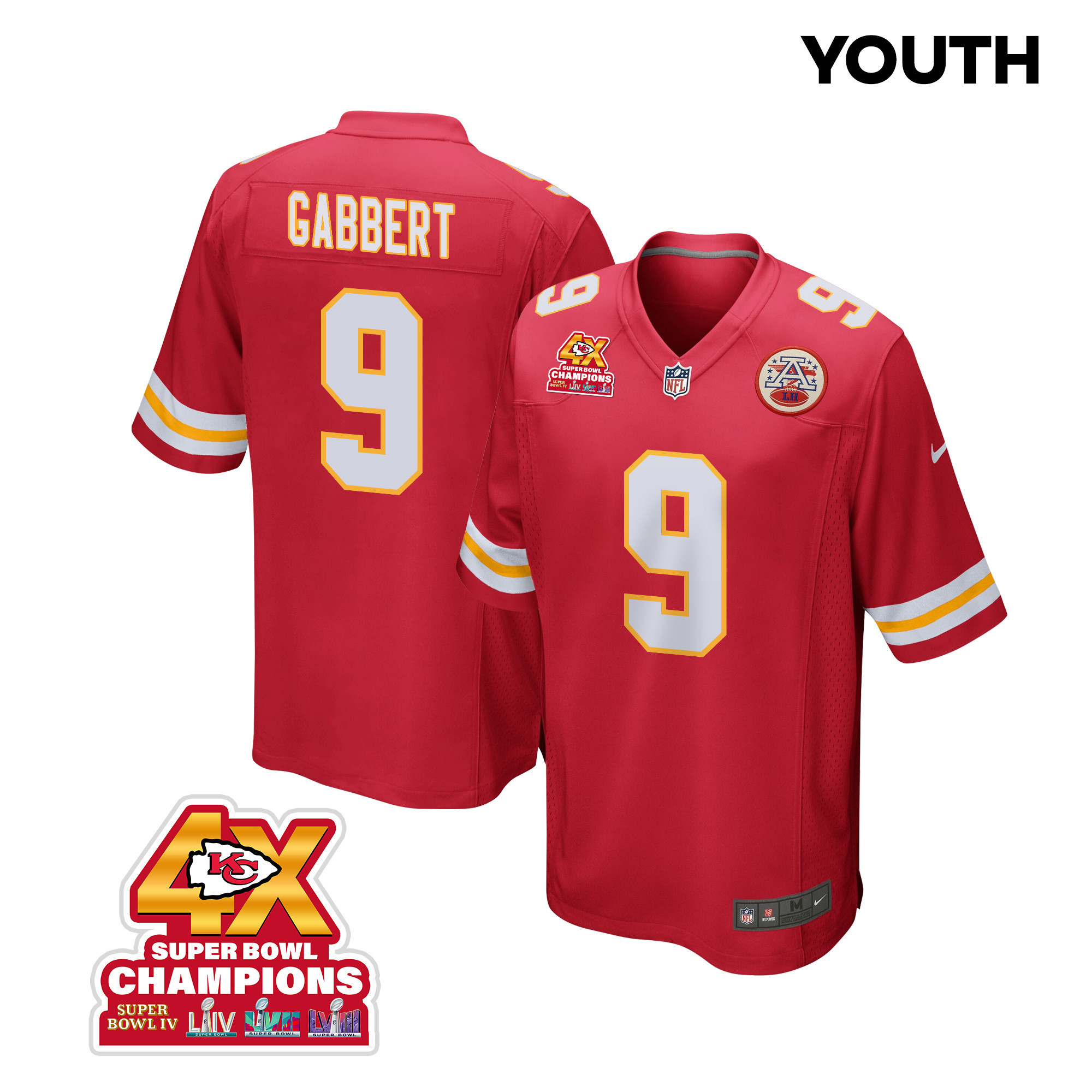 Blaine Gabbert 9 Kansas City Chiefs Super Bowl LVIII Champions 4X Game YOUTH Jersey - Red JS5995 nicesnker