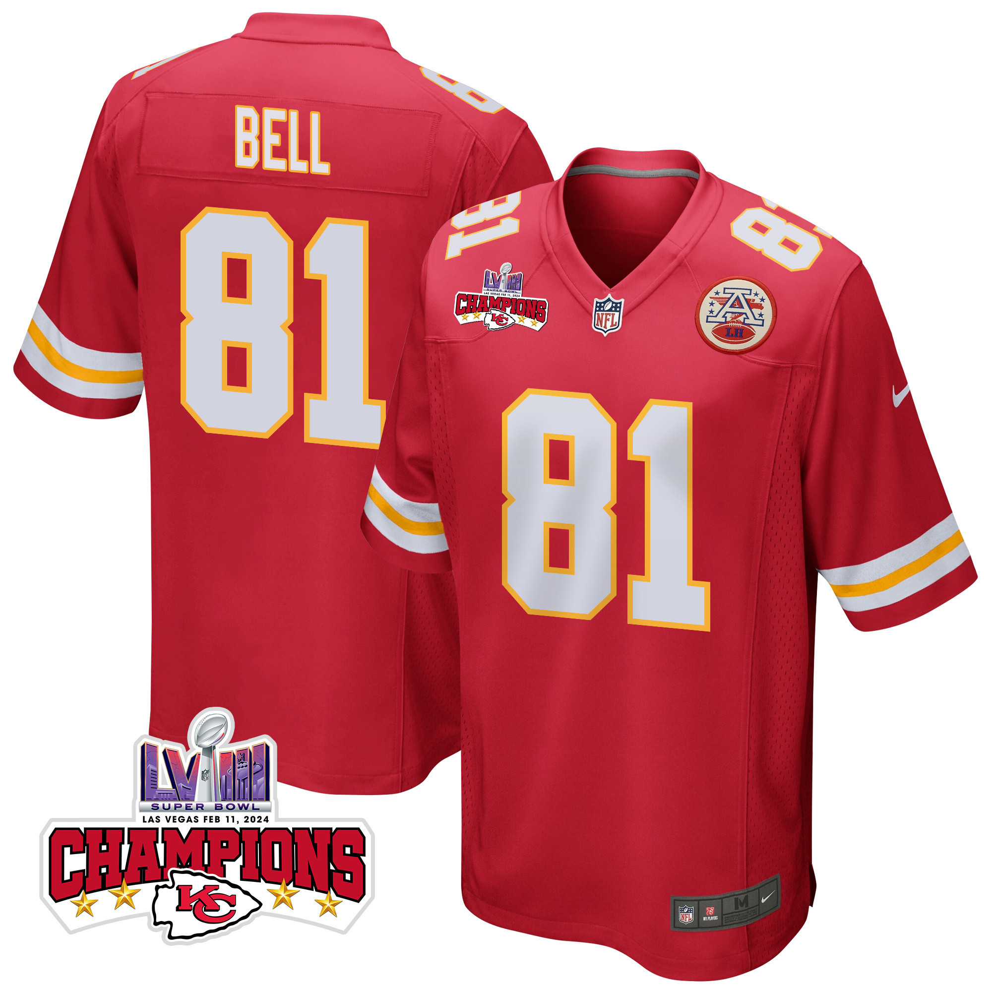 Blake Bell 81 Kansas City Chiefs Super Bowl LVIII Champions 4 Stars Patch Game Men Jersey - Red JS2361 nicesnker