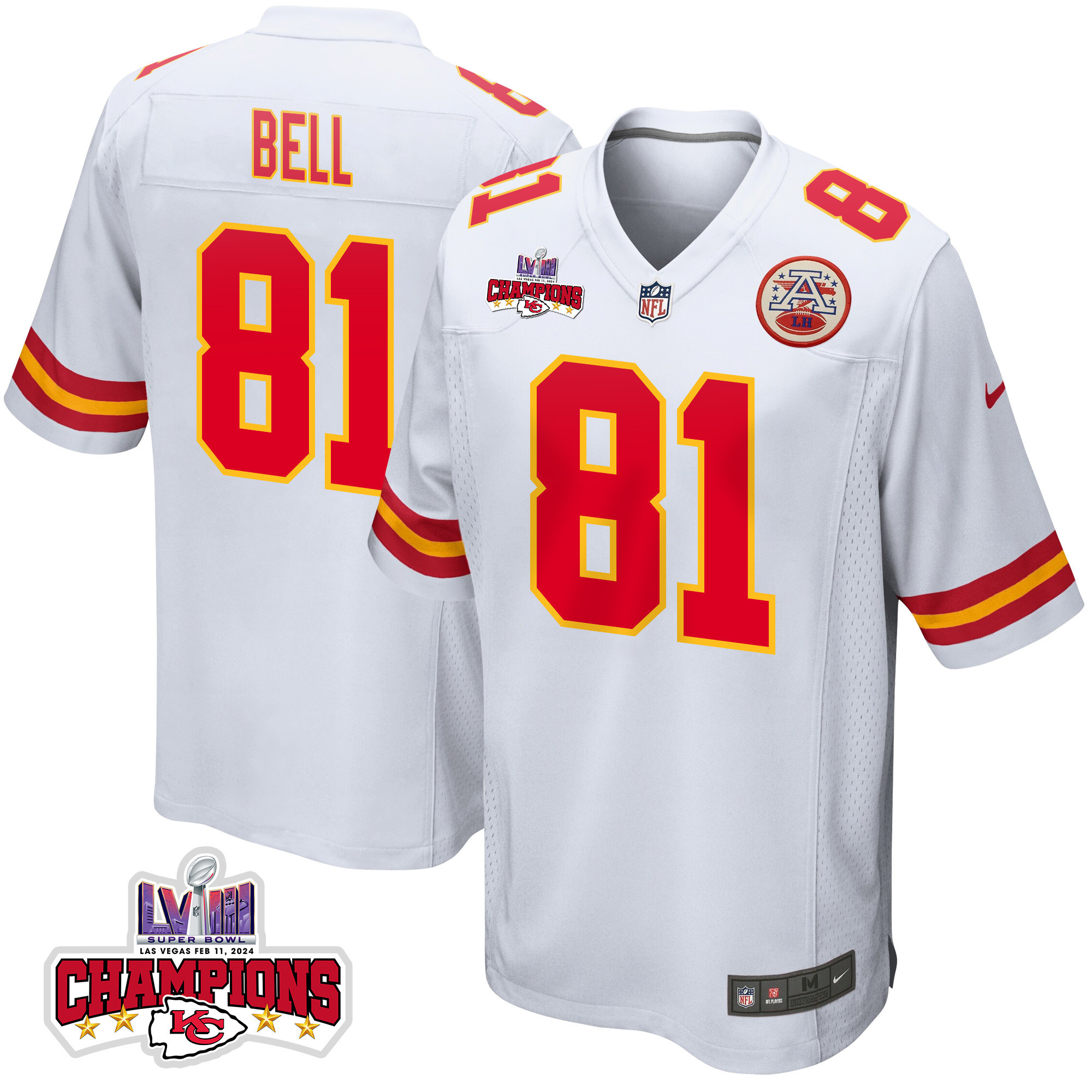 Blake Bell 81 Kansas City Chiefs Super Bowl LVIII Champions 4 Stars Patch Game Men Jersey - White JS6810 nicesnker