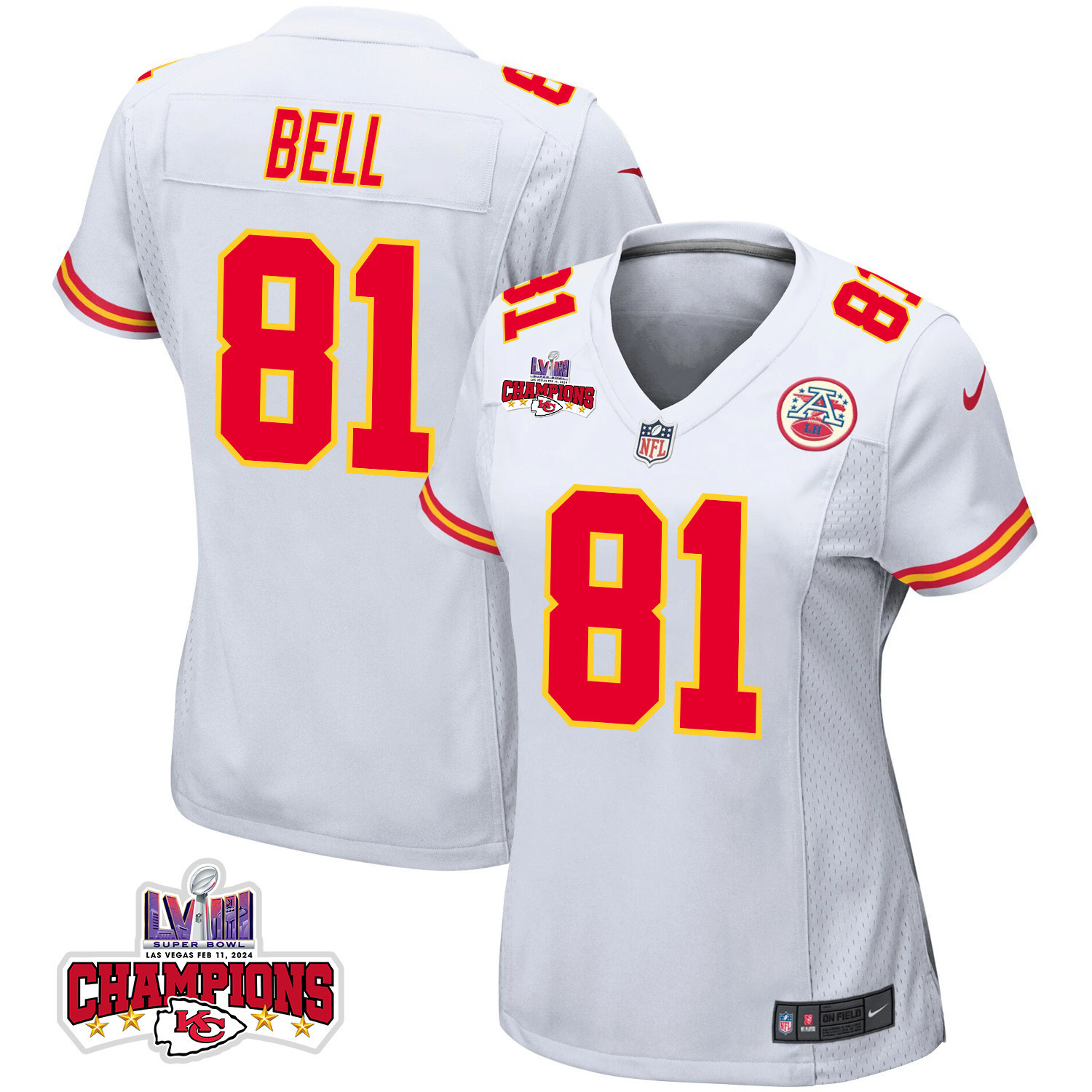 Blake Bell 81 Kansas City Chiefs Super Bowl LVIII Champions 4 Stars Patch Game Women Jersey - White JS8551 nicesnker