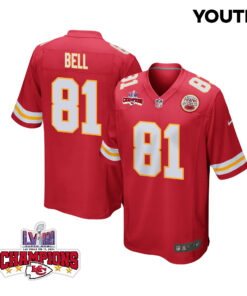 Blake Bell 81 Kansas City Chiefs Super Bowl LVIII Champions 4 Stars Patch Game YOUTH Jersey - Red JS4526 nicesnker