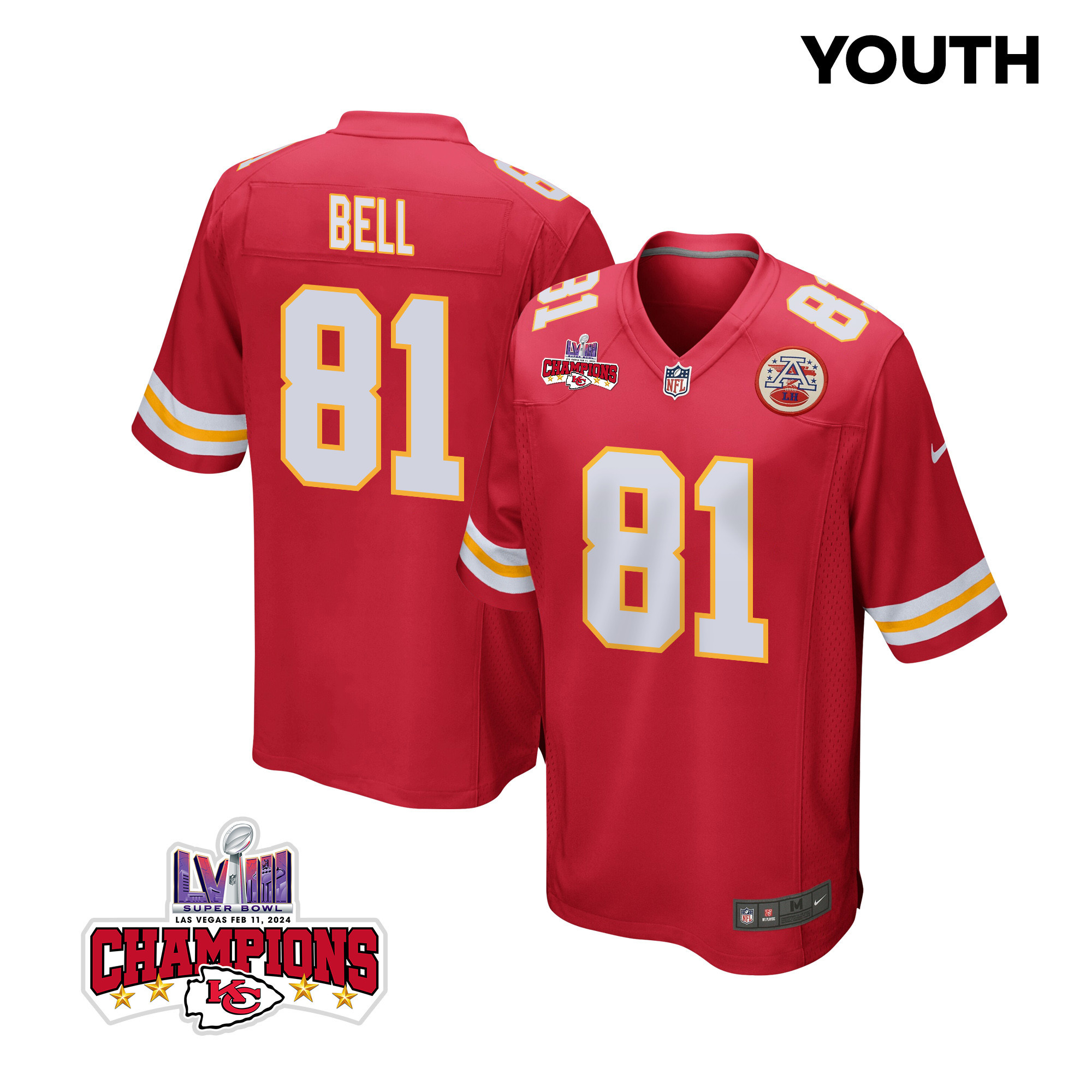 Blake Bell 81 Kansas City Chiefs Super Bowl LVIII Champions 4 Stars Patch Game YOUTH Jersey - Red JS4526 nicesnker