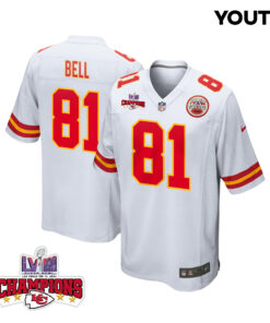 Blake Bell 81 Kansas City Chiefs Super Bowl LVIII Champions 4 Stars Patch Game YOUTH Jersey - White JS4568 nicesnker