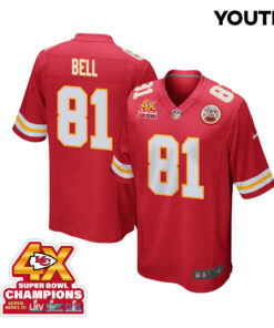Blake Bell 81 Kansas City Chiefs Super Bowl LVIII Champions 4X Game YOUTH Jersey - Red JS2348 nicesnker