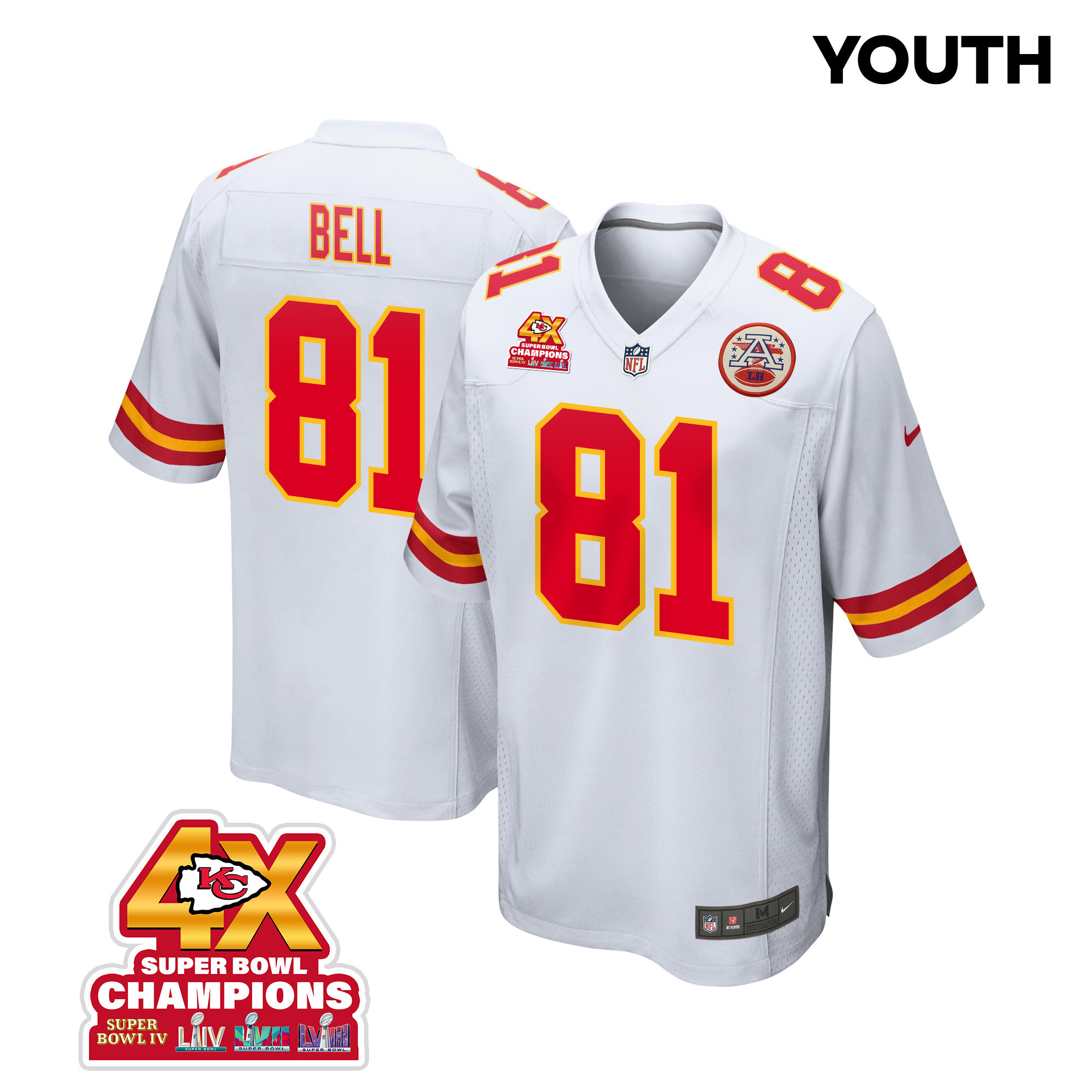 Blake Bell 81 Kansas City Chiefs Super Bowl LVIII Champions 4X Game YOUTH Jersey - White JS4715 nicesnker