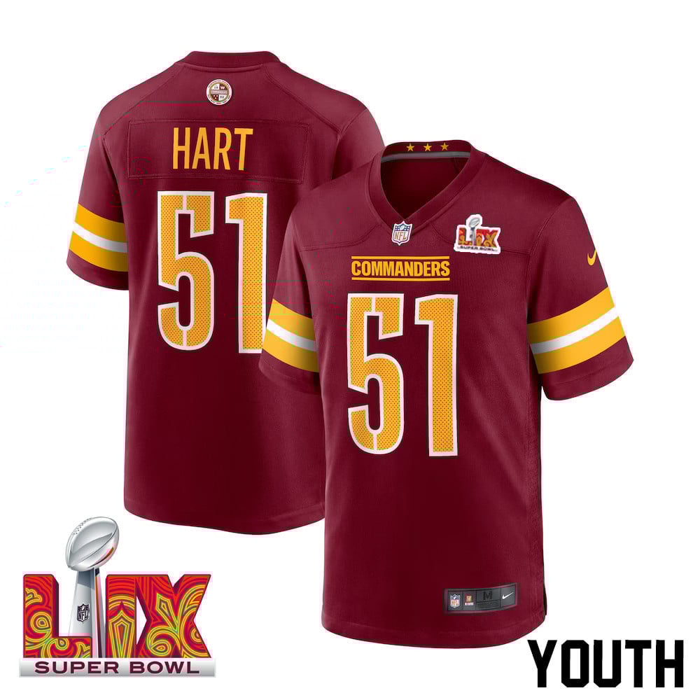 Bobby Hart #51 Washington Commanders Super Bowl LIX Youth Jersey - Burgundy JS5119 nicesnker