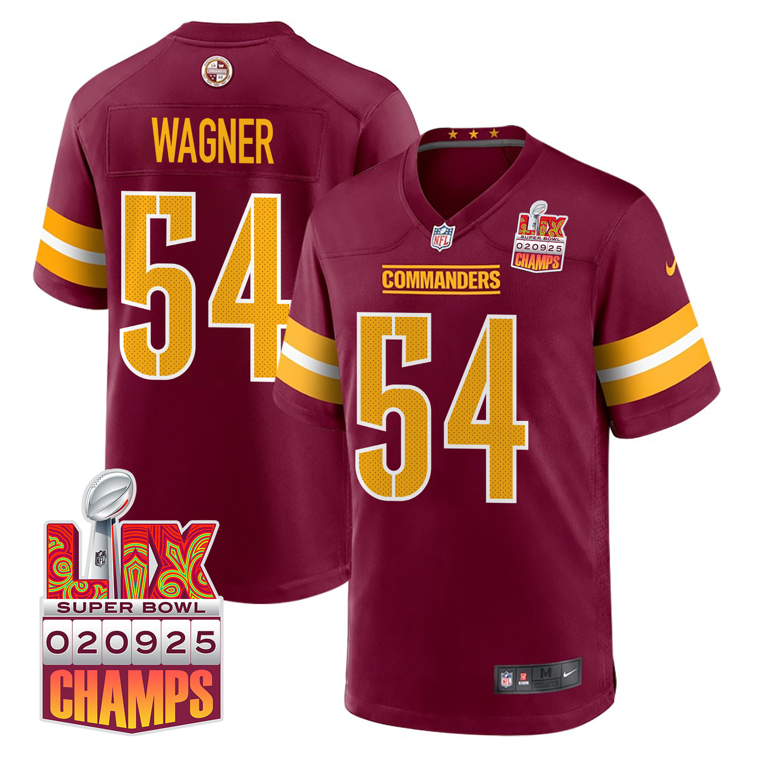 Bobby Wagner 54 Washington Commanders Super Bowl LIX Champions Patch Game Men Jersey - Burgundy JS1740 nicesnker