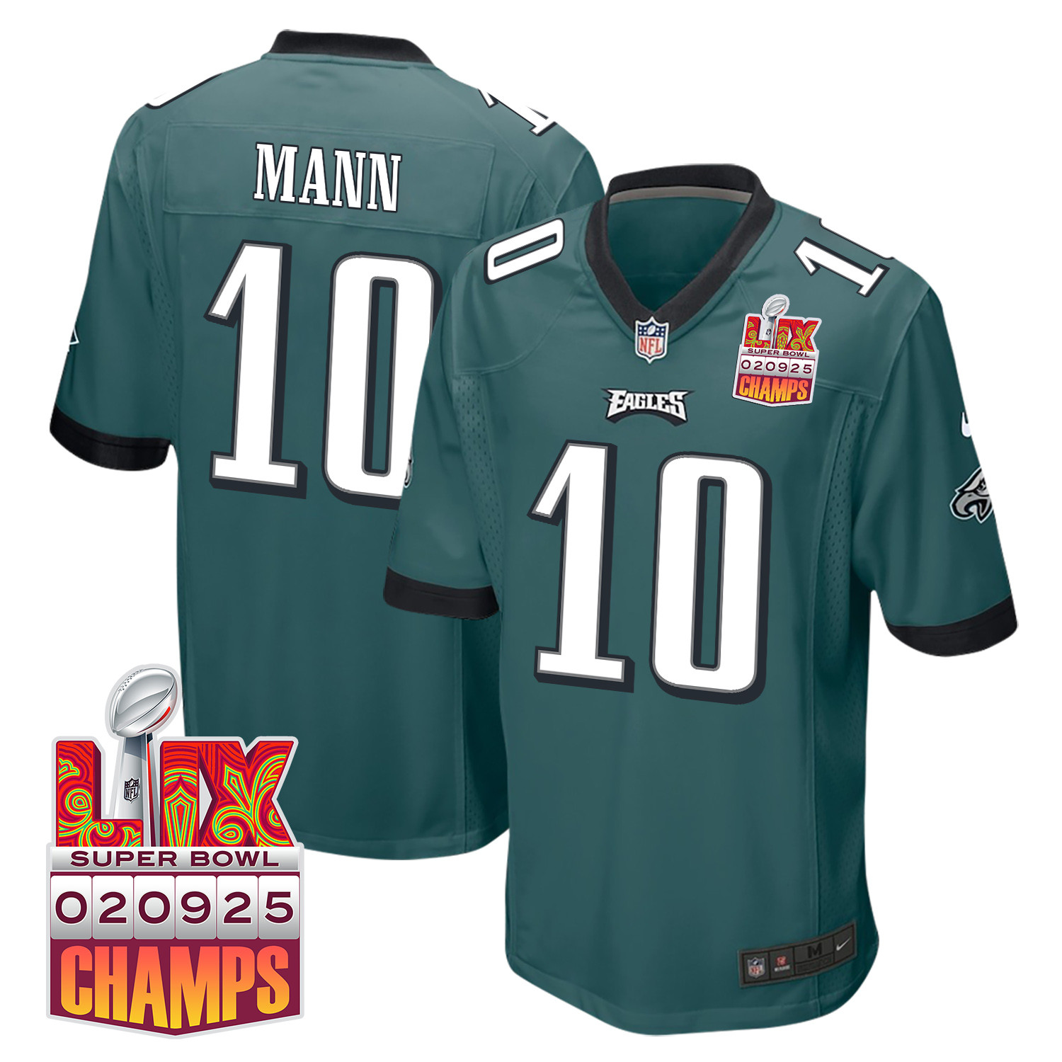 Braden Mann 10 Philadelphia Eagles Super Bowl LIX Champions Patch Game Men Jersey - Midnight Green JS3534 nicesnker