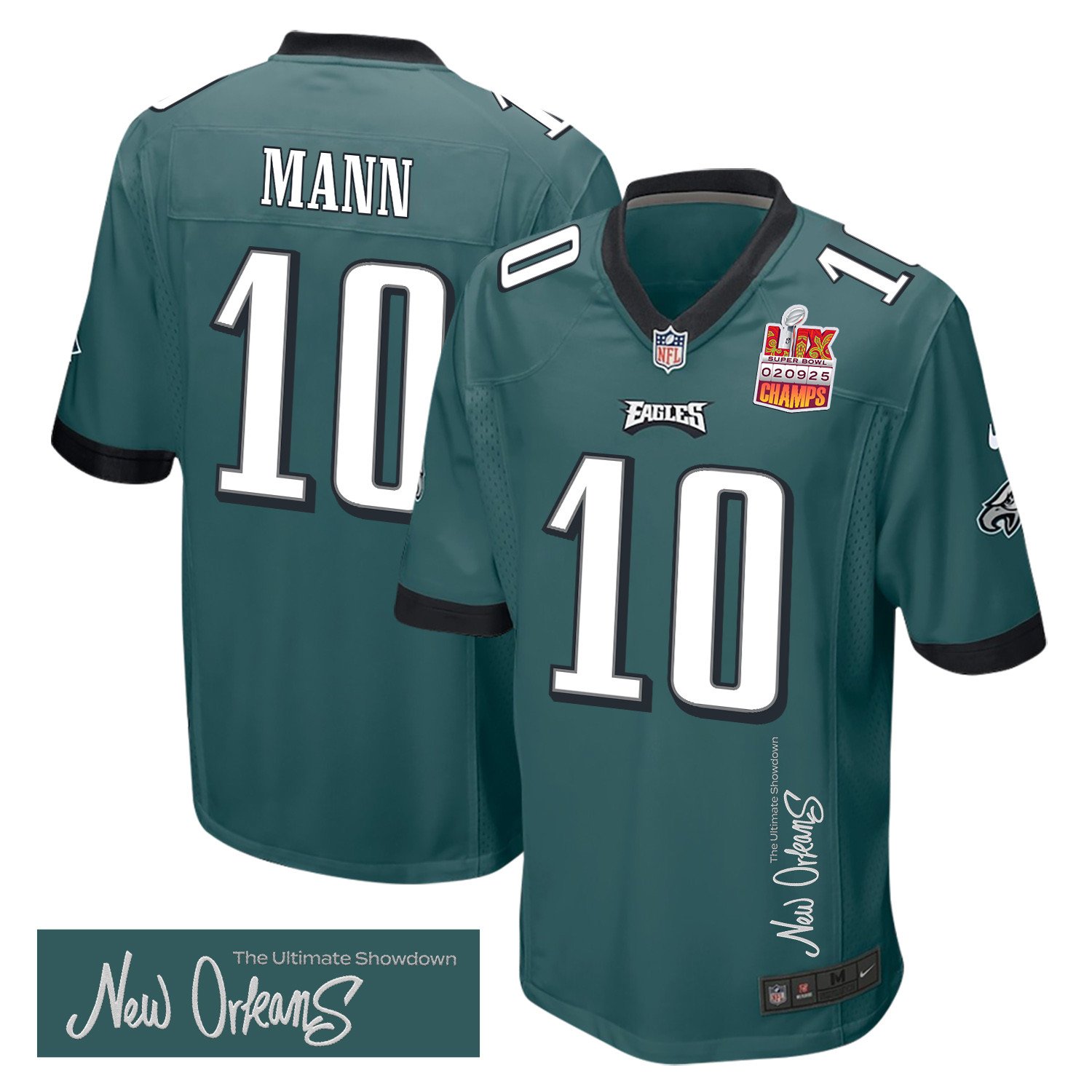 Braden Mann 10 Philadelphia Eagles Super Bowl LIX Champions Patch 'New Orleans - The Ultimate Showdown' EMBROIDERED Game Men Jersey - Midnight Green JS2748 nicesnker