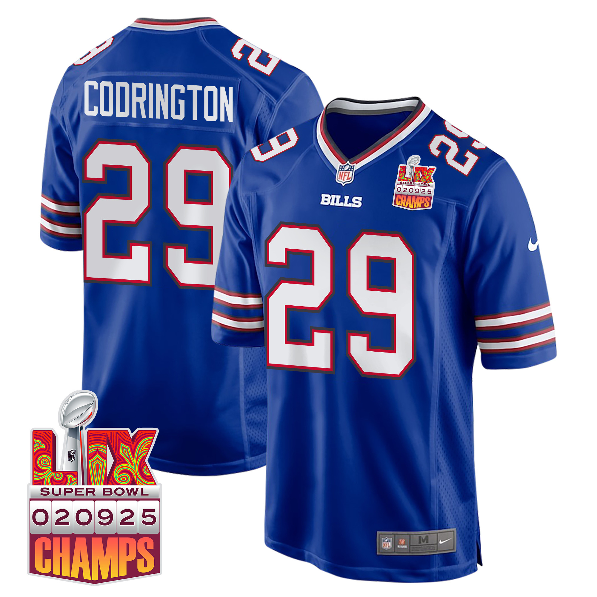 Brandon Codrington 29 Buffalo Bills Super Bowl LIX Champions Patch Game Men Jersey - Royal JS7847 nicesnker