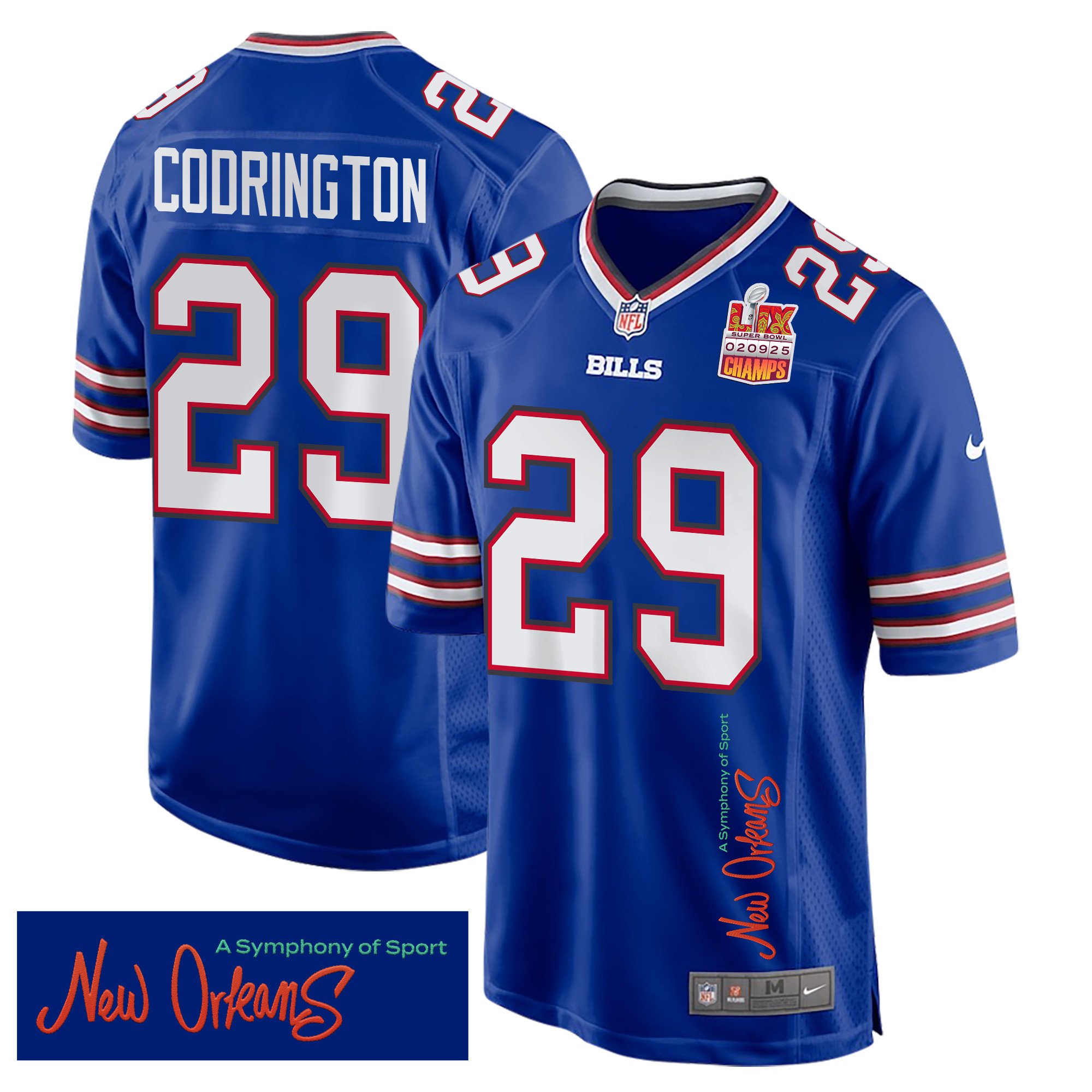 Brandon Codrington 29 Buffalo Bills Super Bowl LIX Champions Patch 'New Orleans - A Symphony of Sport' EMBROIDERED Game Men Jersey - Royal JS9805 nicesnker