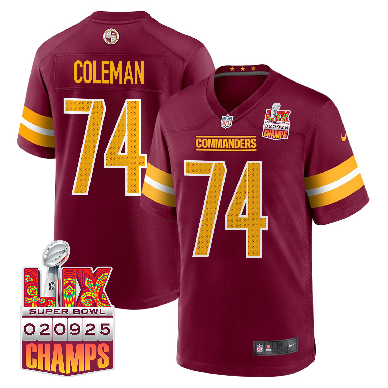 Brandon Coleman 74 Washington Commanders Super Bowl LIX Champions Patch Game Men Jersey - Burgundy JS7047 nicesnker