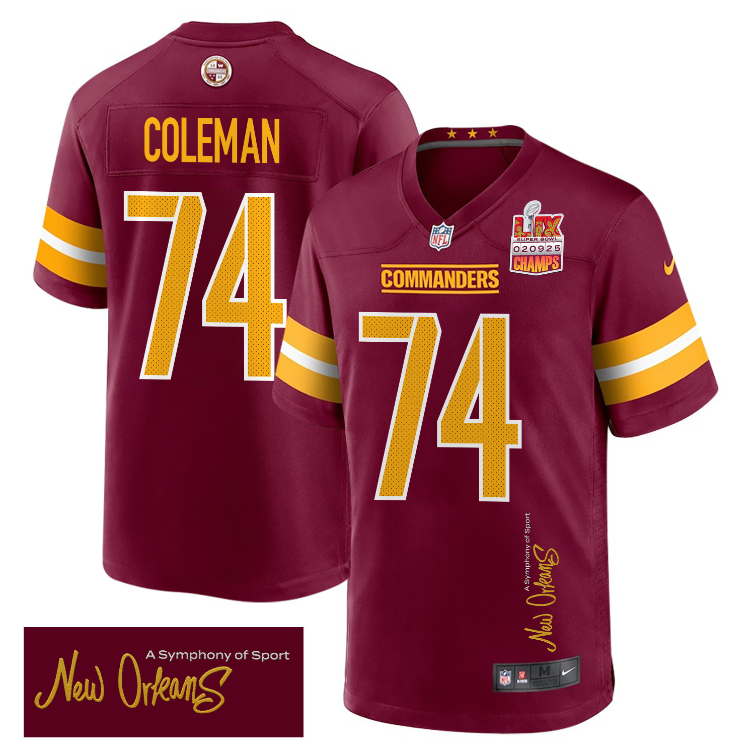 Brandon Coleman 74 Washington Commanders Super Bowl LIX Champions Patch 'New Orleans - A Symphony of Sport' EMBROIDERED Game Men Jersey - Burgundy JS8736 nicesnker