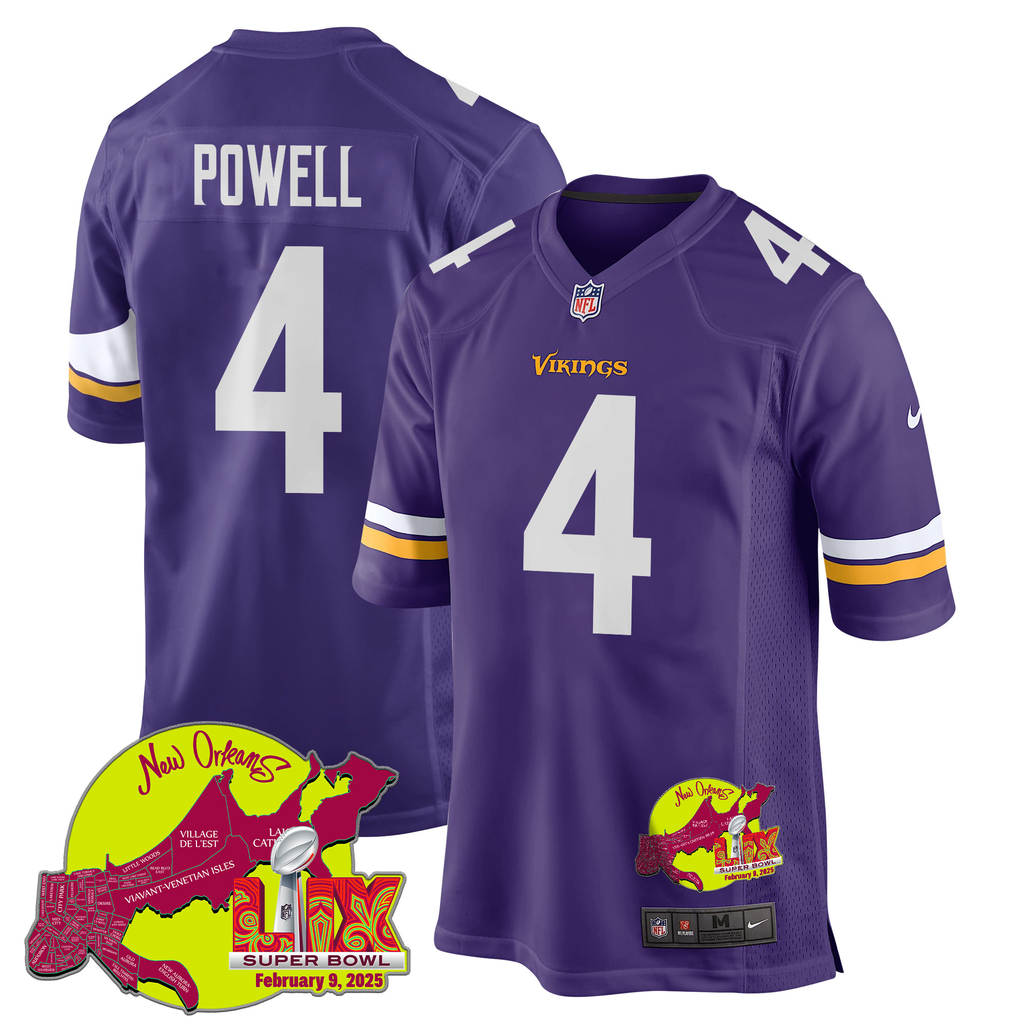 Brandon Powell 4 Minnesota Vikings Super Bowl LIX New Orleans Patch Game Men Jersey - Purple JS8634 nicesnker