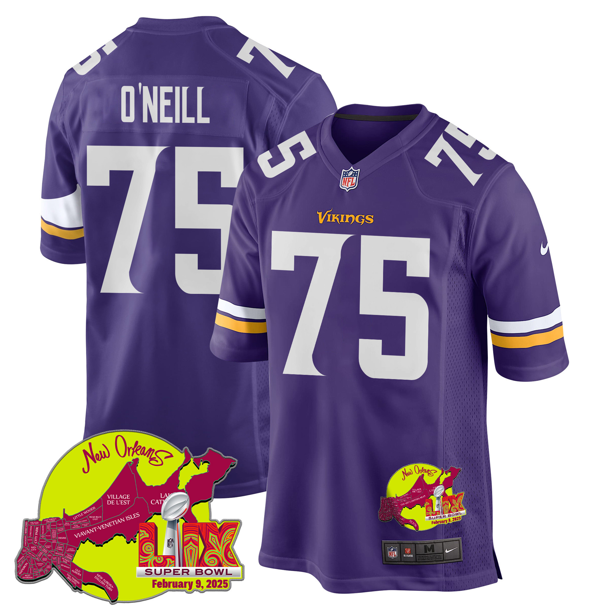 Brian O'Neill 75 Minnesota Vikings Super Bowl LIX New Orleans Patch Game Men Jersey - Purple JS6846 nicesnker