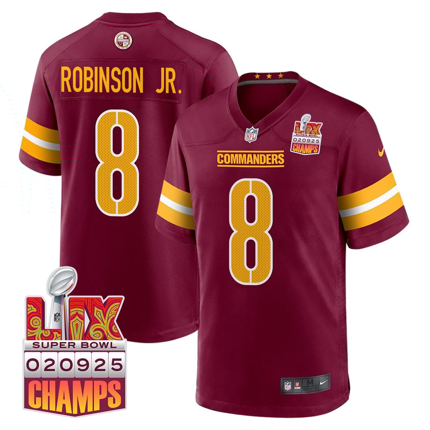 Brian Robinson Jr. 8 Washington Commanders Super Bowl LIX Champions Patch Game Men Jersey - Burgundy JS4212 nicesnker