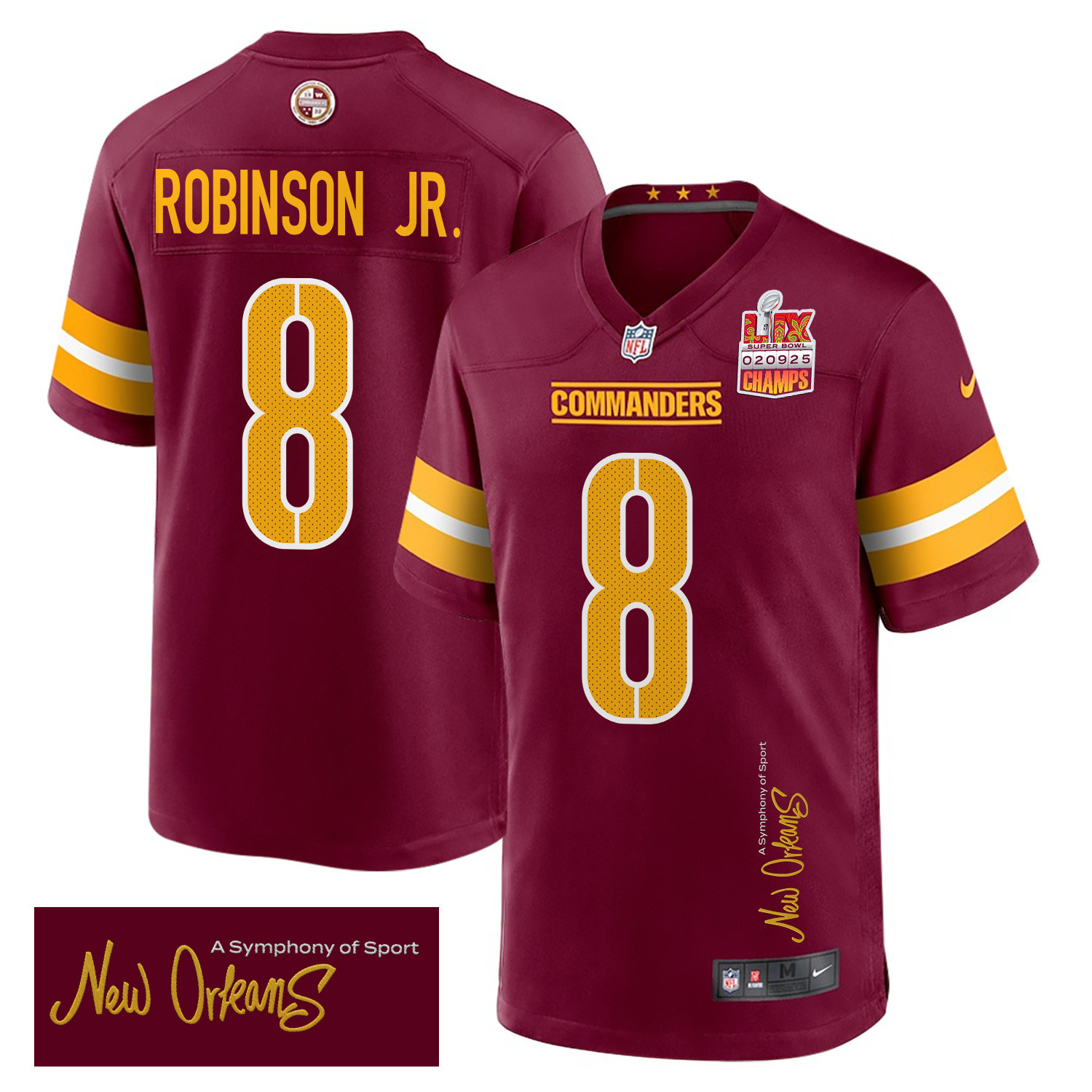 Brian Robinson Jr. 8 Washington Commanders Super Bowl LIX Champions Patch 'New Orleans - A Symphony of Sport' EMBROIDERED Game Men Jersey - Burgundy JS4040 nicesnker