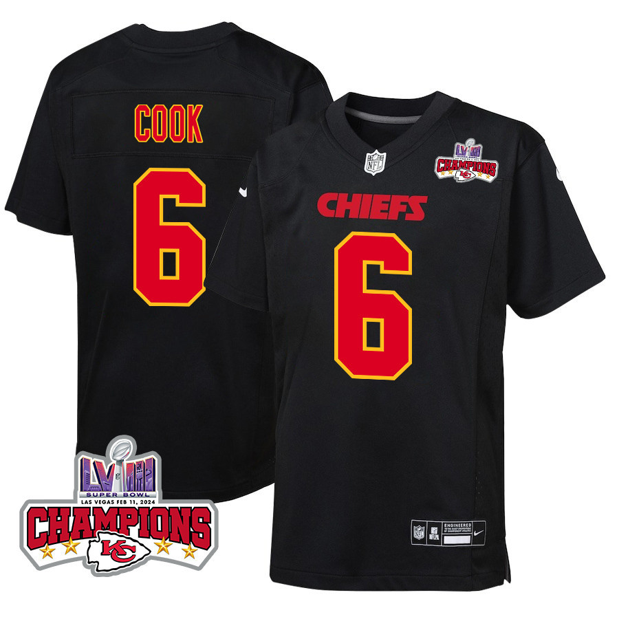 Bryan Cook 6 Kansas City Chiefs Super Bowl LVIII Champions 4 Stars Patch Fashion Game YOUTH Jersey - Carbon Black JS9066 nicesnker