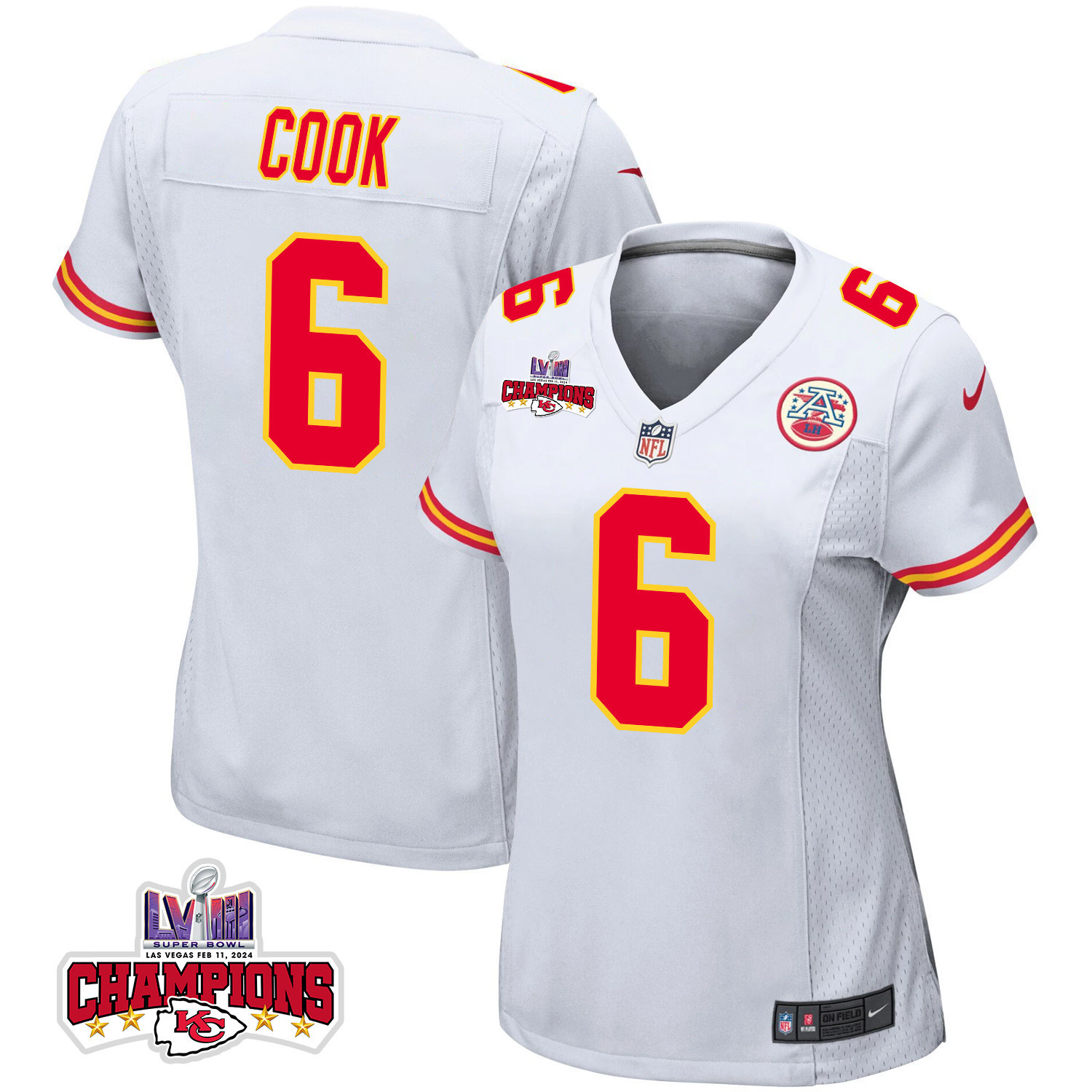 Bryan Cook 6 Kansas City Chiefs Super Bowl LVIII Champions 4 Stars Patch Game Women Jersey - White JS2000 nicesnker
