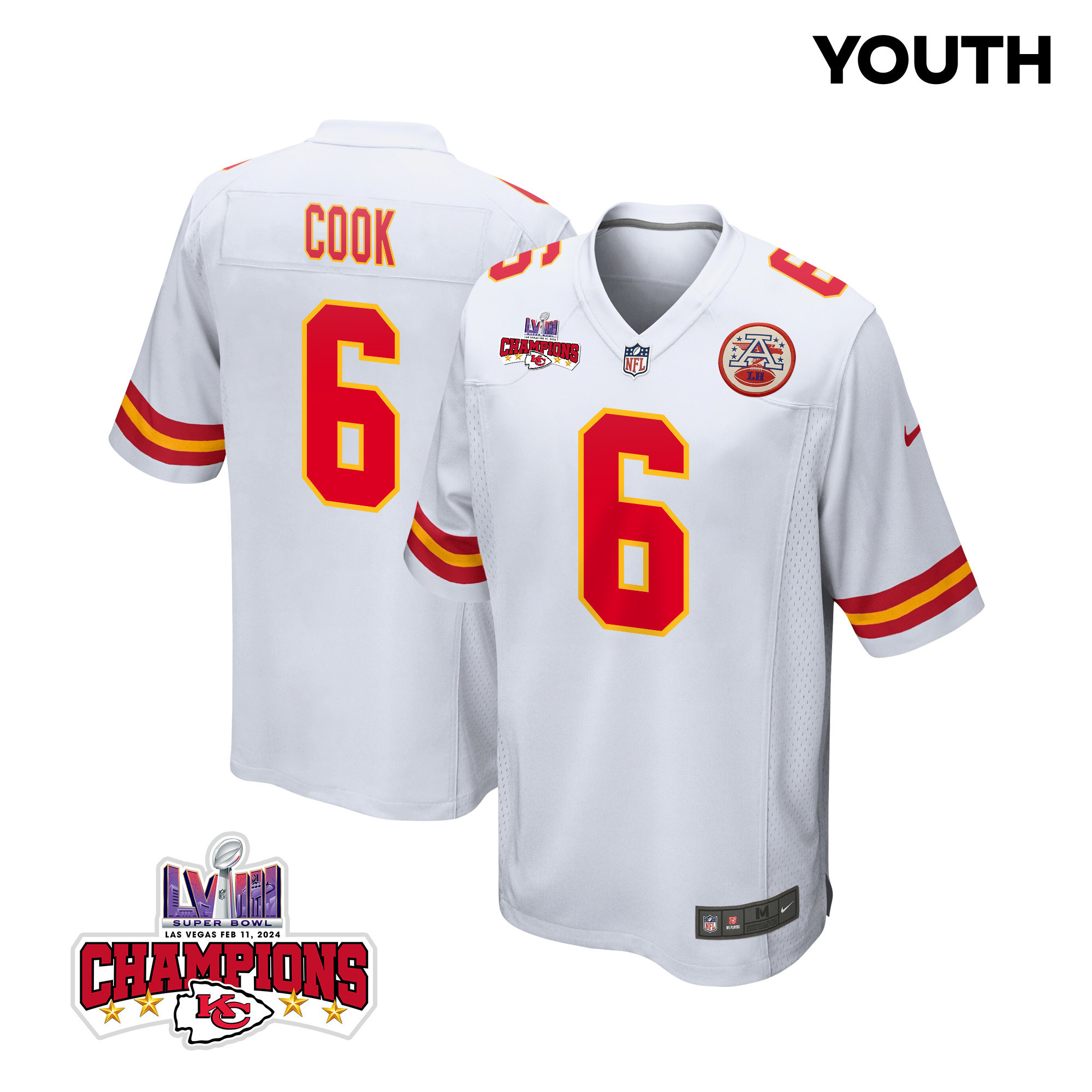 Bryan Cook 6 Kansas City Chiefs Super Bowl LVIII Champions 4 Stars Patch Game YOUTH Jersey - White JS5777 nicesnker