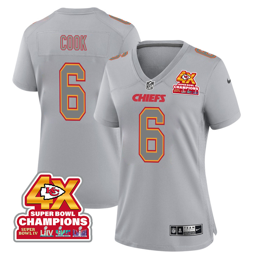 Bryan Cook 6 Kansas City Chiefs Super Bowl LVIII Champions 4X Atmosphere Fashion Game Women Jersey - Gray JS8716 nicesnker