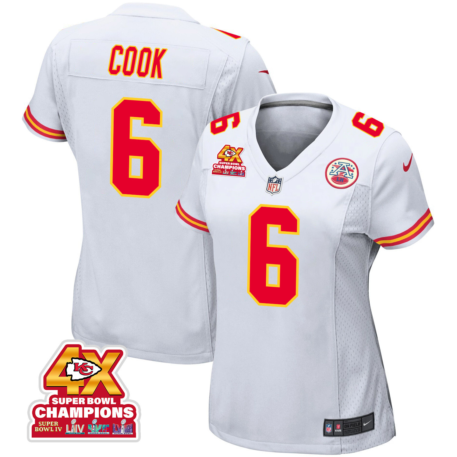 Bryan Cook 6 Kansas City Chiefs Super Bowl LVIII Champions 4X Game Women Jersey - White JS8992 nicesnker